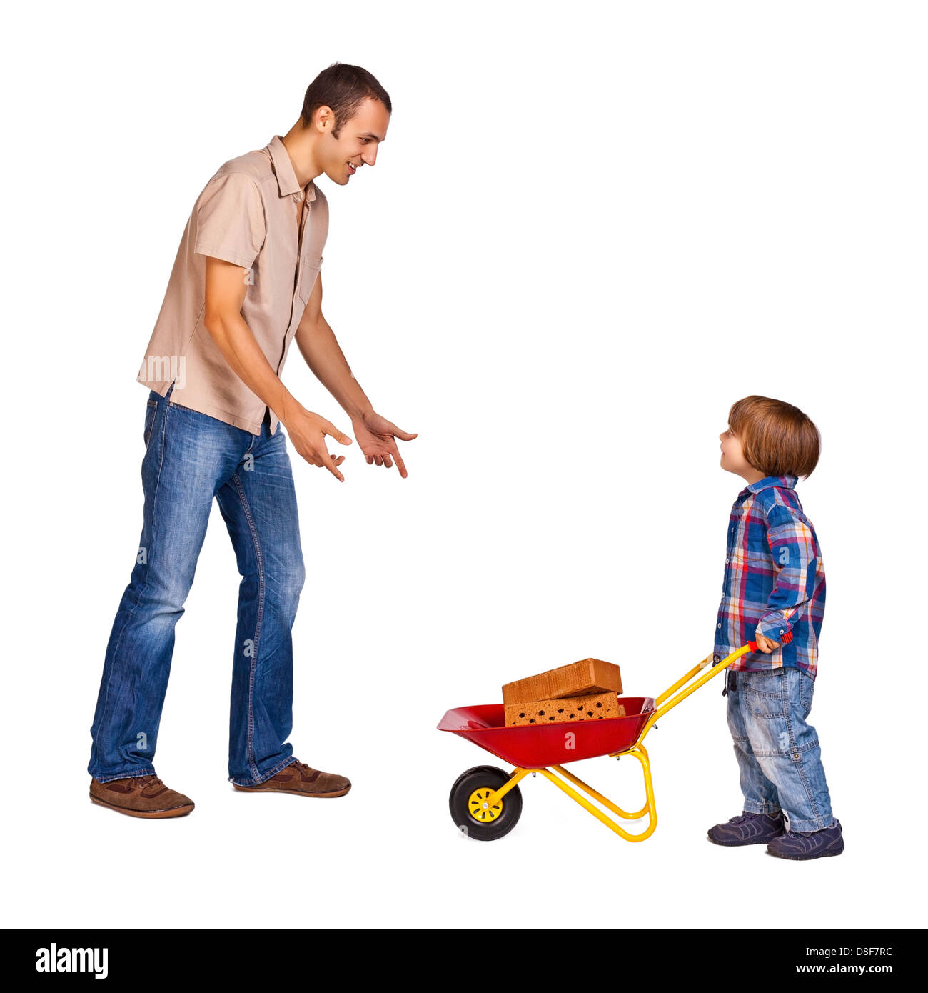 Padre e figlio facendo suonare con alcuni lavori di costruzione stuff Foto Stock