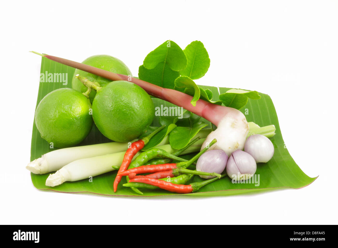 Ingredienti isolati per zuppa tailandese Tom Yum Goong. Foto Stock