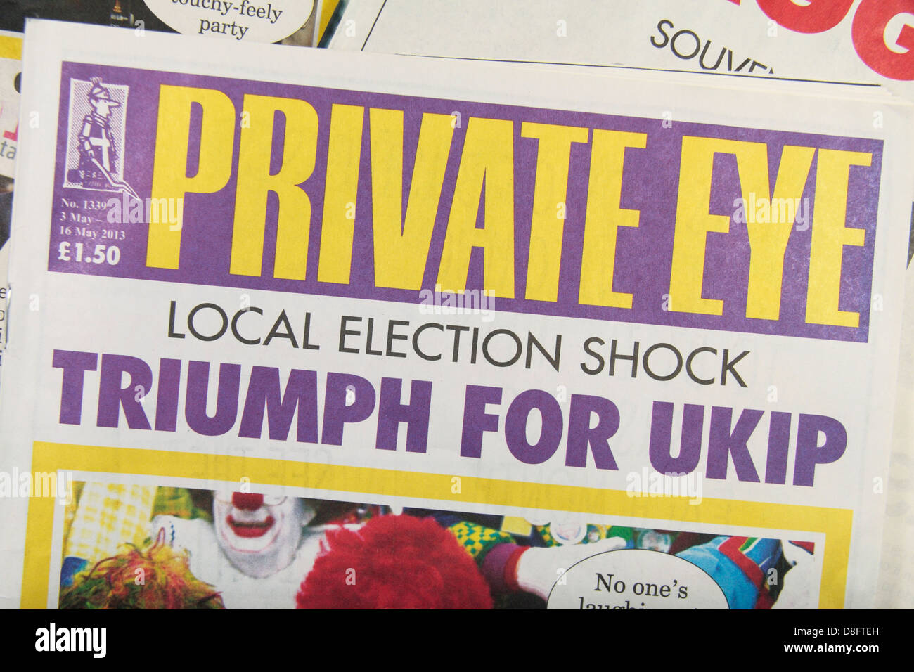 Il lato anteriore della pagina di elezione locale edizione 'trionfo per il UKIP' dell'occhio privato satirical (3 maggio - 19 Maggio 2013). Foto Stock