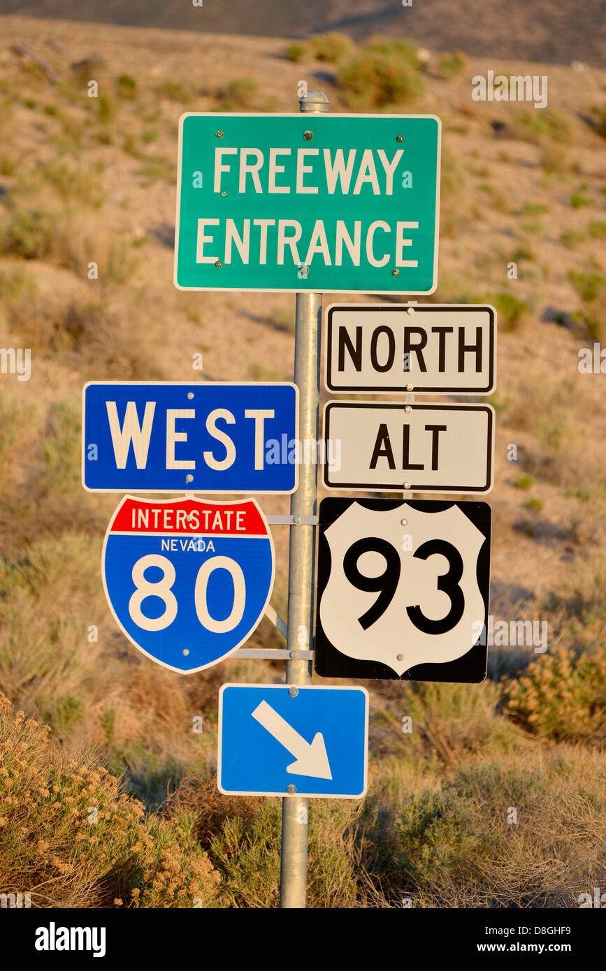 Entrata Superstrada segno sulla Interstate 80 in Nevada. Foto Stock