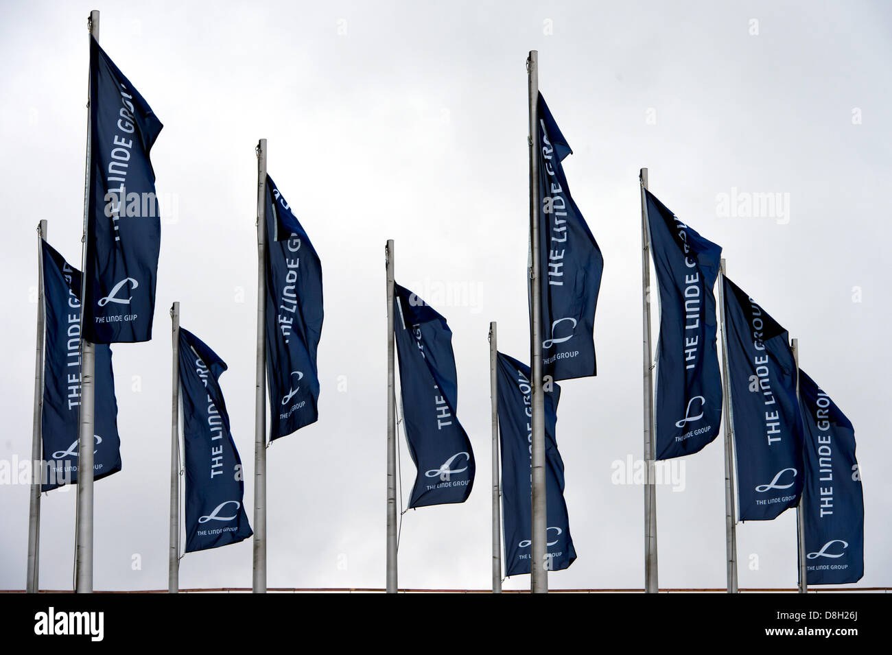 Le bandiere con il 'il Gruppo Linde' onda logo durante la società assemblea generale a Monaco di Baviera, Germania, il 29 maggio 2013. Foto: PETER KNEFFEL Foto Stock