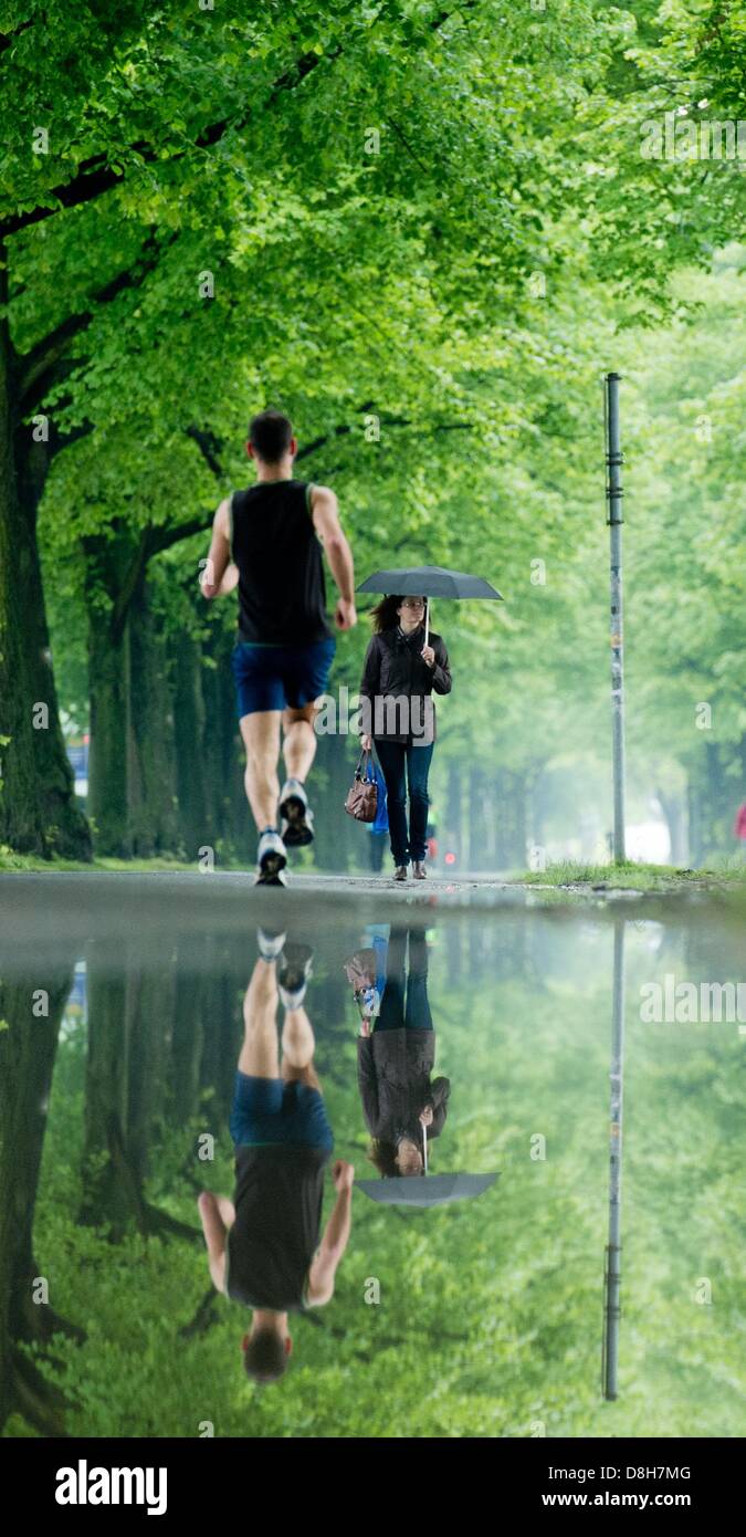 Un pareggiatore specchi in una pozza di Hannover, Germania, 29 maggio 2013. Foto: JULIAN STRATENSCHULTE Foto Stock