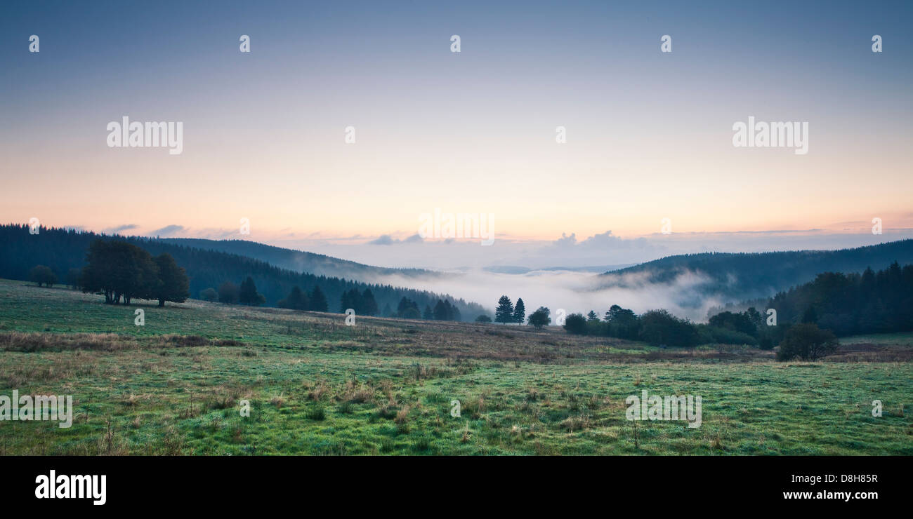 Vista nella valle di mattina, Neuhaus am Rennweg, Sonneberg, Foresta Turingia, Turingia, Germania Foto Stock