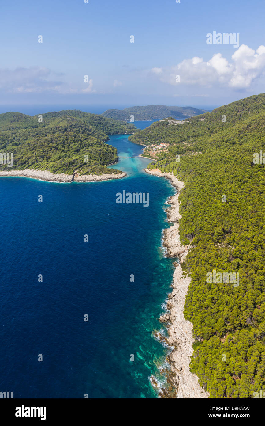 Antenna riprese in elicottero del parco nazionale sull isola di Mljet, arcipelago di Dubrovnik, Croazia. La più antica foresta di pini in Europa delle prese Foto Stock