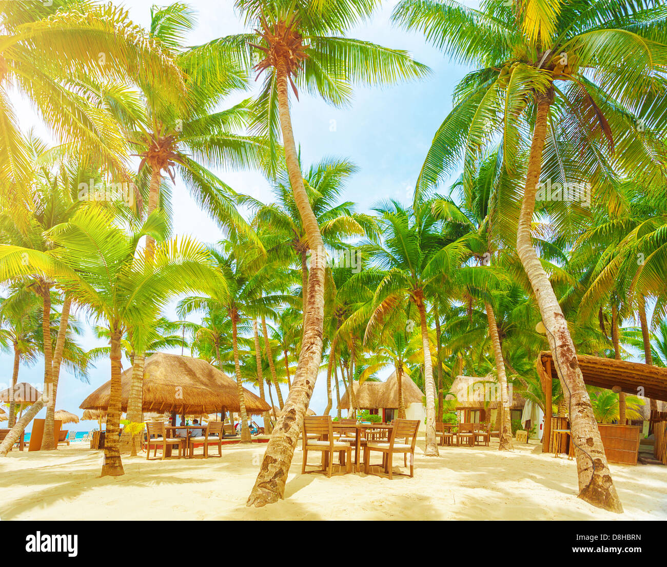 Luxury beach resort, romantica isola nell'Oceano Atlantico, confortevoli bungalow, palme, accogliente caffetteria sulla spiaggia sabbiosa Foto Stock