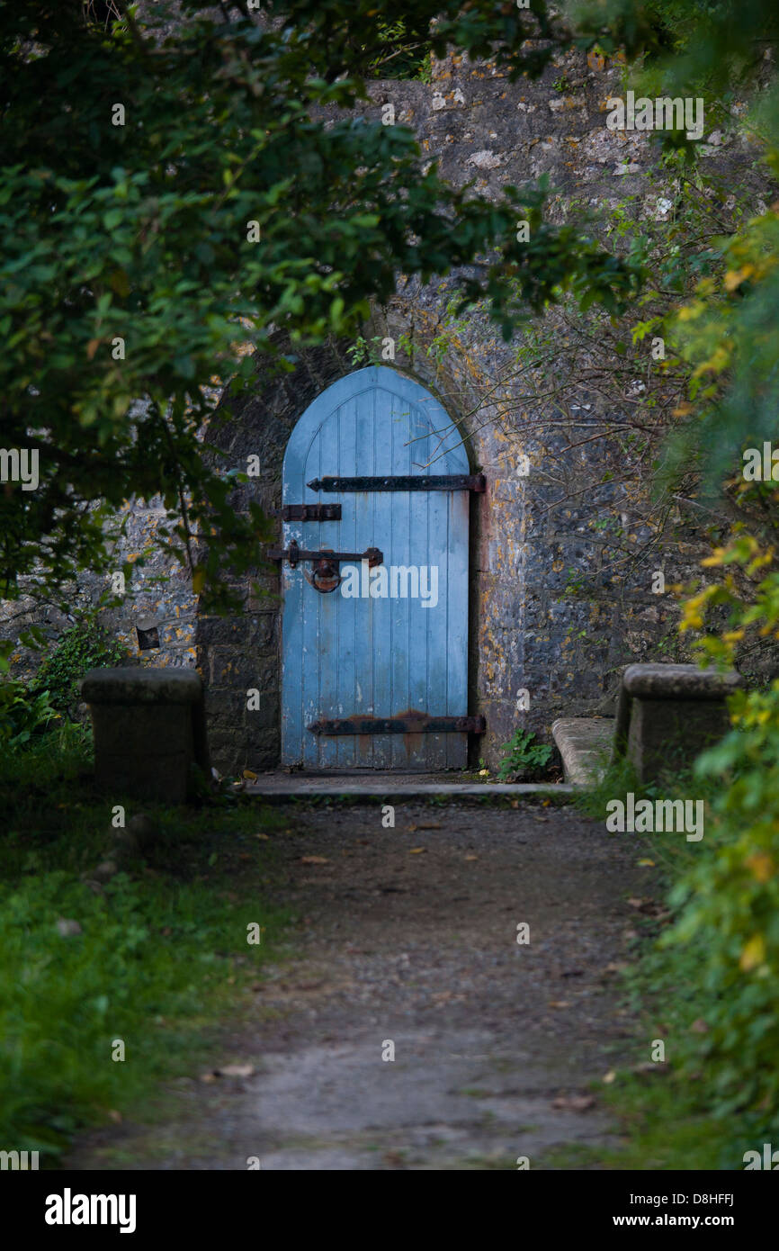 Immagine della porta blu nel vecchio muro di castello Foto Stock