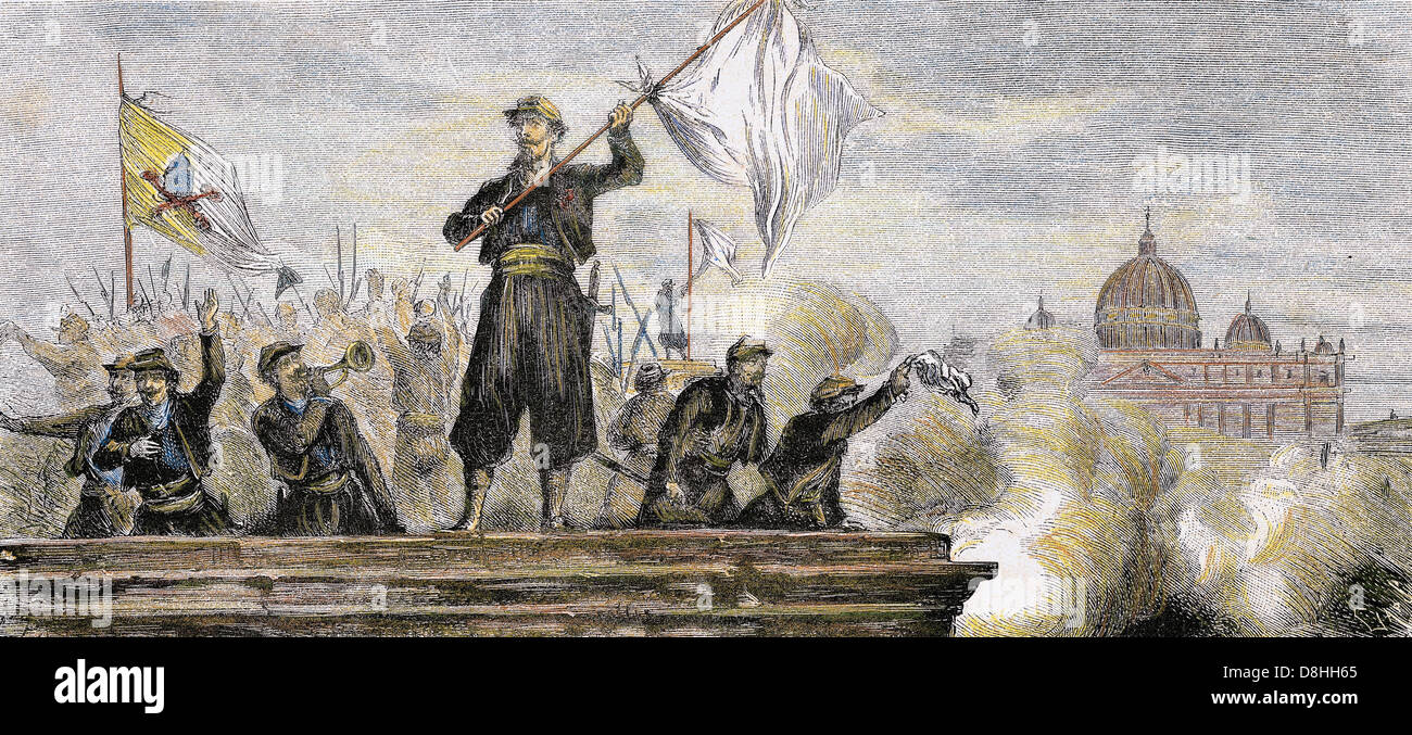 Unificazione Italiana (1859-1924). Truppe pontificie di chiedere al Parlamento dal comando della Sua Santità a Roma. Incisione colorata. Foto Stock