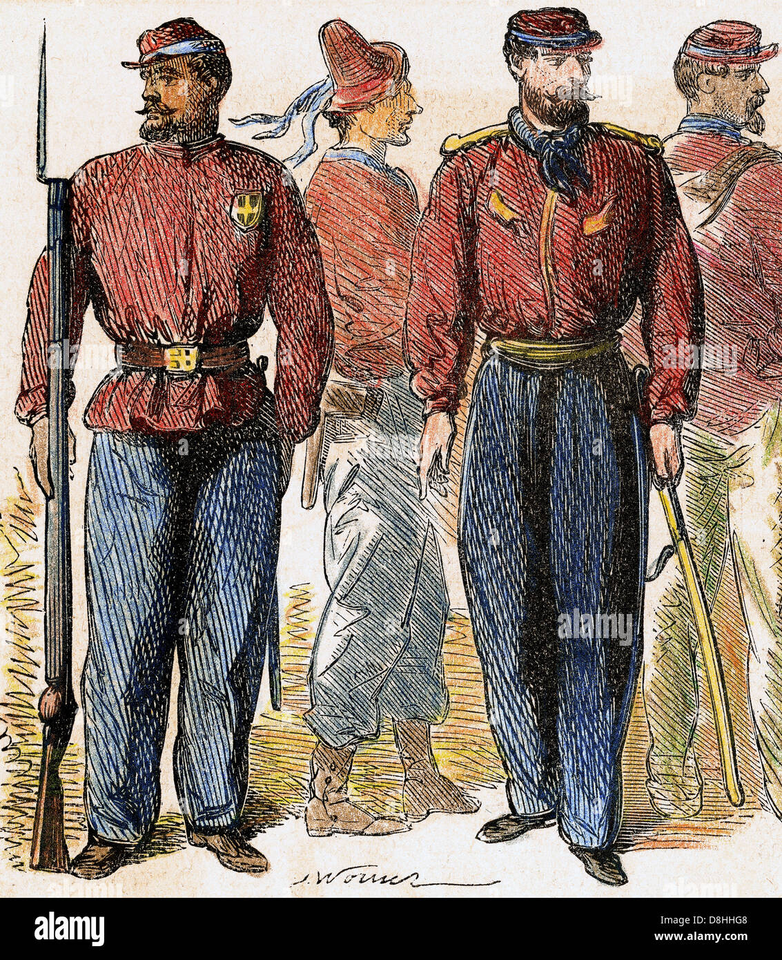 Unificazione Italiana (1859-1924). Volontari Italiani noto come 'Redshirts'. Incisione colorata di 'L'illustrazione", 1860. Foto Stock