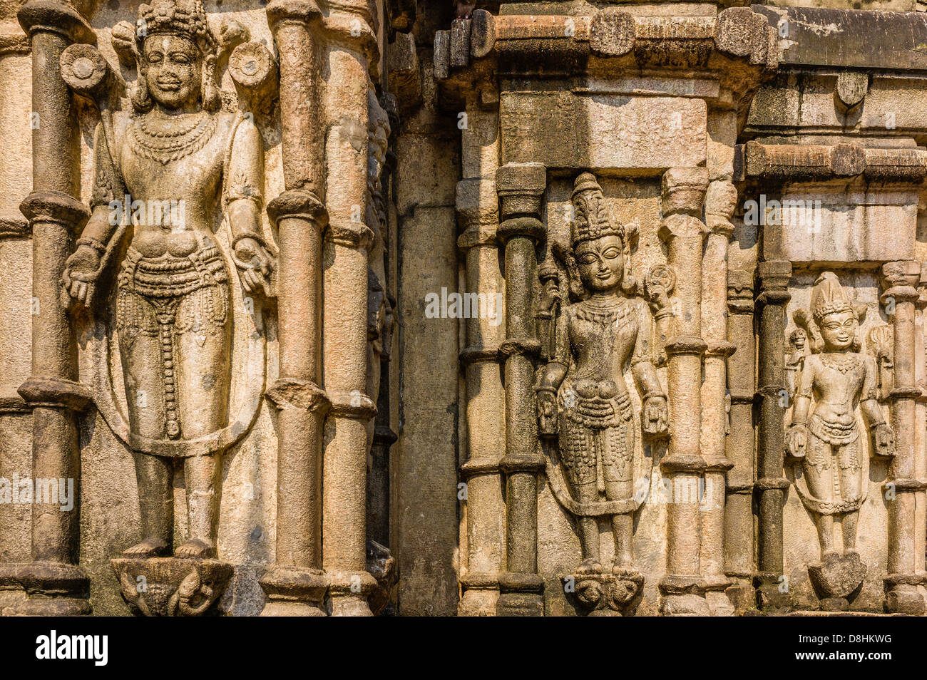 Antiche sculture in pietra della divinità Indù e Dee presso l'altrettanto antico tempio Kamakhya, Guwahati, Assam, India. Foto Stock
