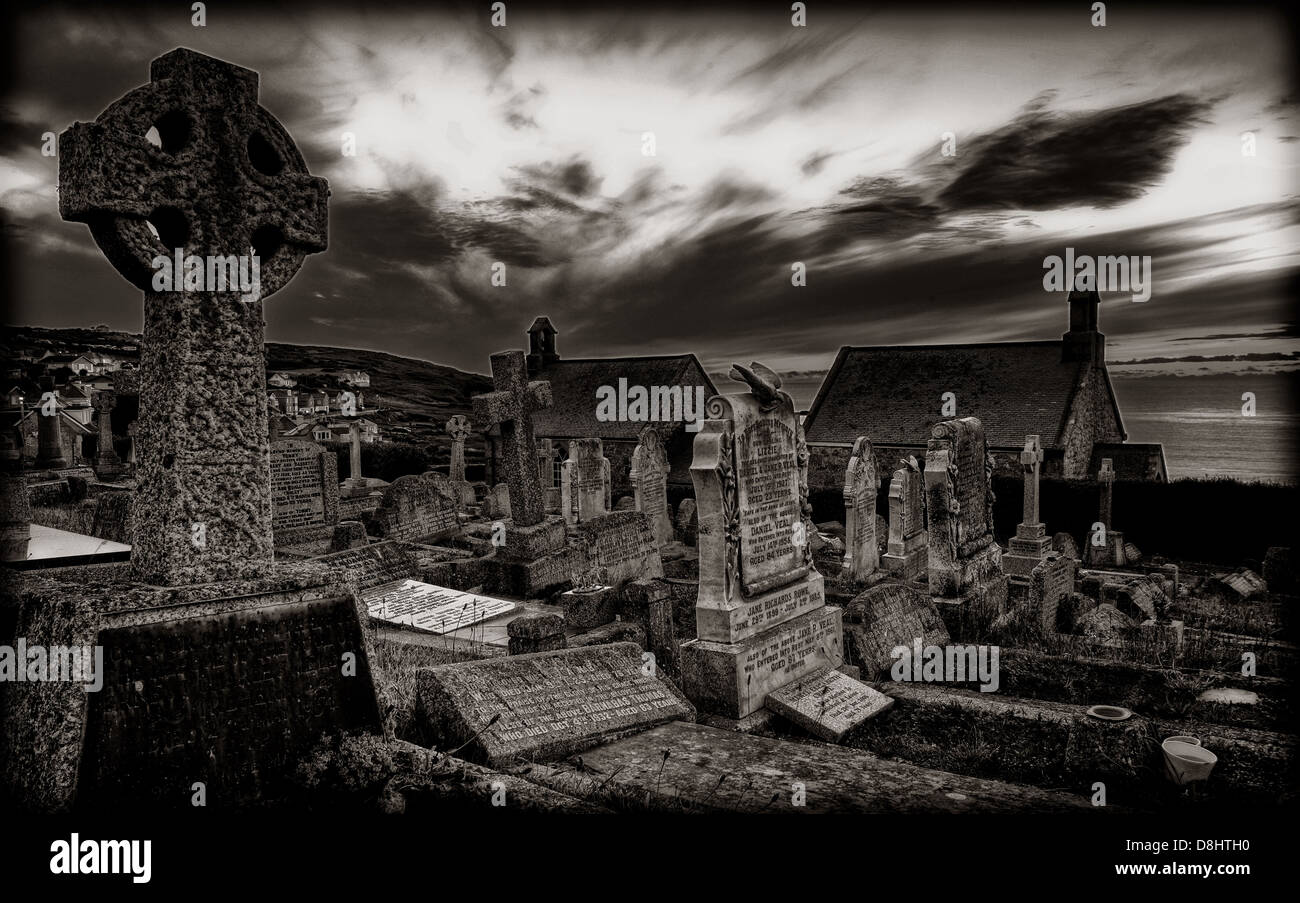 Barnoon chiesa e cimitero , St Ives la Cornovaglia del Sud in mono , Inghilterra REGNO UNITO Foto Stock