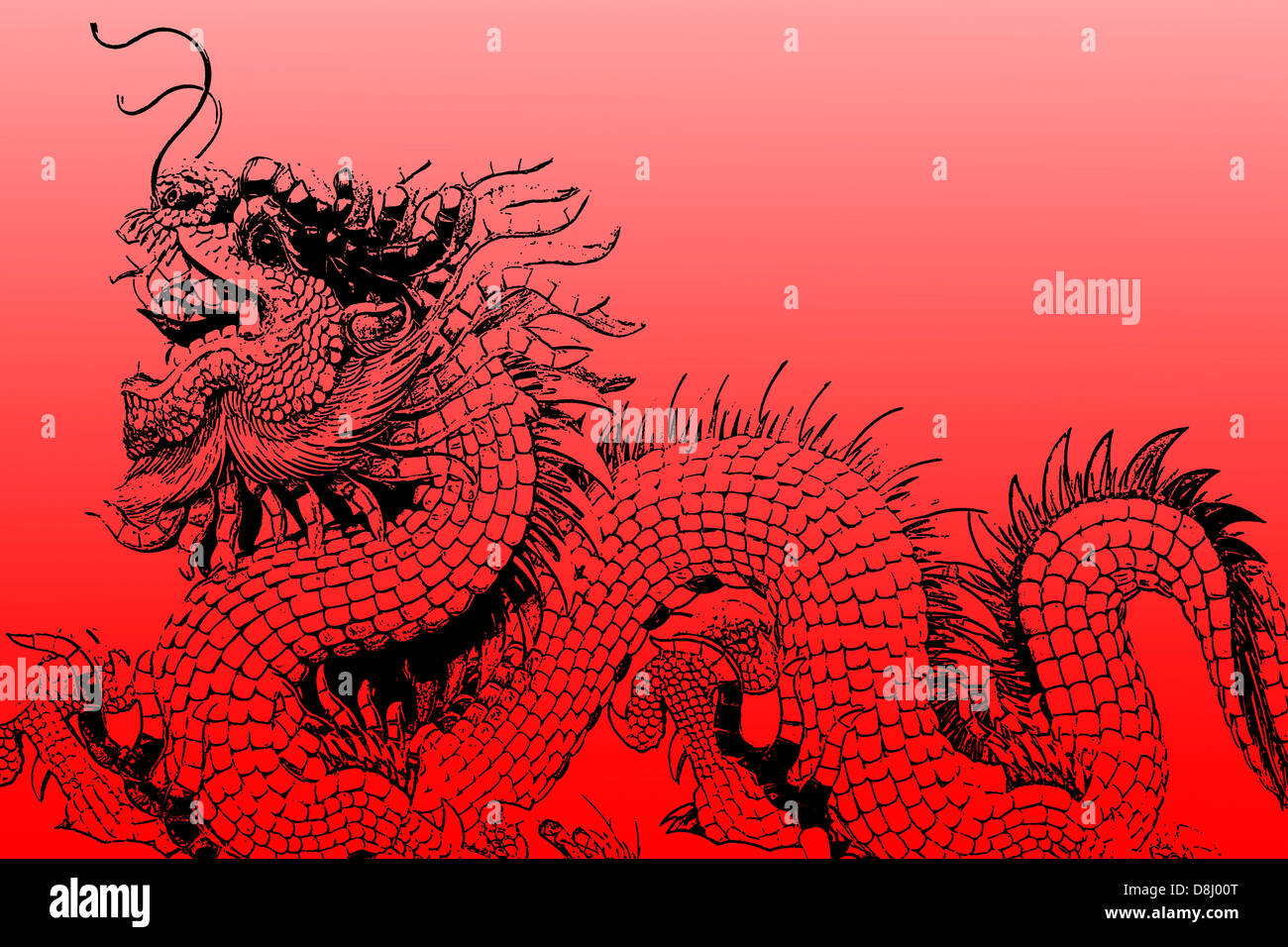 Drago Cinese statua in un tempio,graphic design rivestito su sfondo rosso. Foto Stock