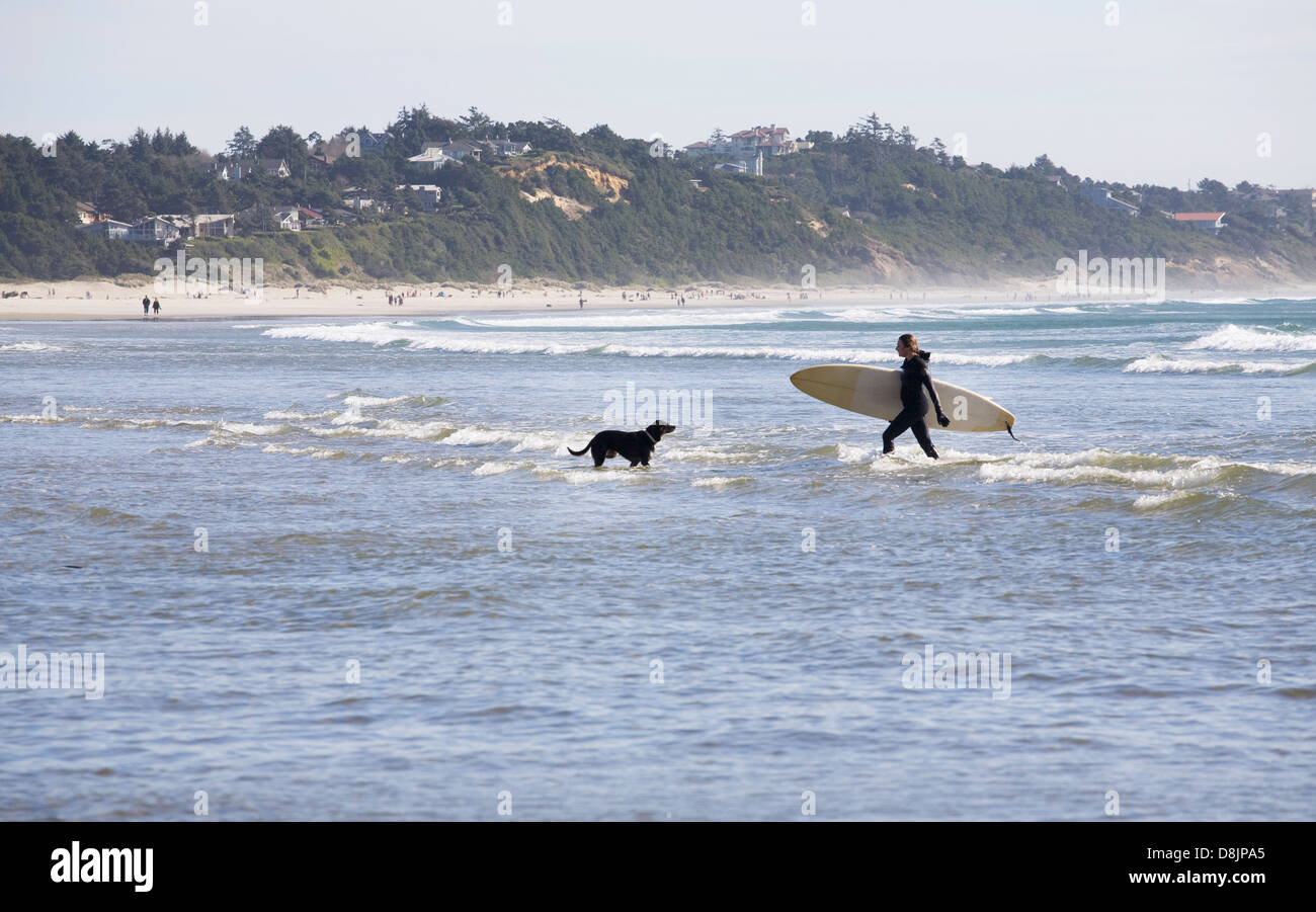 Un surfista teste per l'acqua dell'oceano pacifico sulla spiaggia di agata, in Newport, Oregon Foto Stock