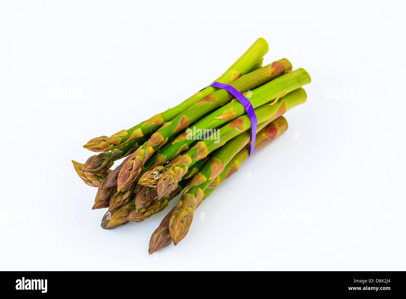 Mazzetto di asparagi su sfondo bianco con nastro viola Foto Stock