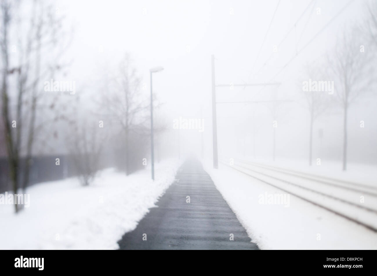 Il percorso nella nebbia verso l'aeroporto di Erfurt, Turingia, Germania Foto Stock