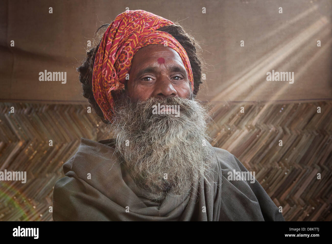 Ritratto di un uomo santo presso il Kumbh Mela 2013 in Allahabad, India Foto Stock