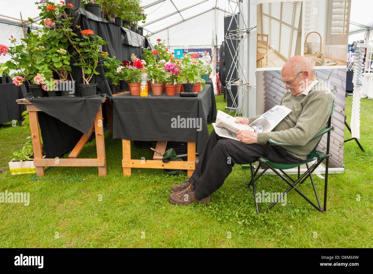 Legno verde, Cambridgeshire, Regno Unito. Il 31 maggio 2013. Un uomo gode di un momento di quiete in Cambridgeshire Garden Show, legno verde, Cambridgeshire Regno Unito il 31 maggio 2013. Folle accorse al caso in cui la vendita di stallo di piante, fiori, accessori per il giardinaggio e il cibo. Finalmente è uscito il sole dopo una fredda ed umida incantesimo. Lo show prosegue per tutto il weekend. Julian Eales/Alamy Live News Foto Stock Legno verde, Cambridgeshire, Regno Unito. Il 31 maggio 2013. Un uomo gode di un momento di quiete in Cambridgeshire Garden Show, legno verde, Cambridgeshire Regno Unito il 31 maggio 2013. Folle accorse al caso in cui la vendita di stallo di piante, fiori, accessori per il giardinaggio e il cibo. Finalmente è uscito il sole dopo una fredda ed umida incantesimo. Lo show prosegue per tutto il weekend. Julian Eales/Alamy Live News Foto Stock