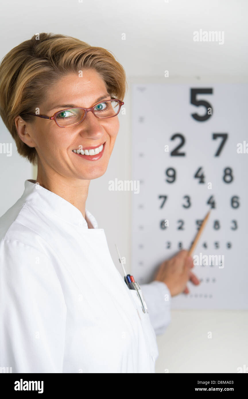 Giovane chirurgo di occhio sul grafico oculare Foto Stock