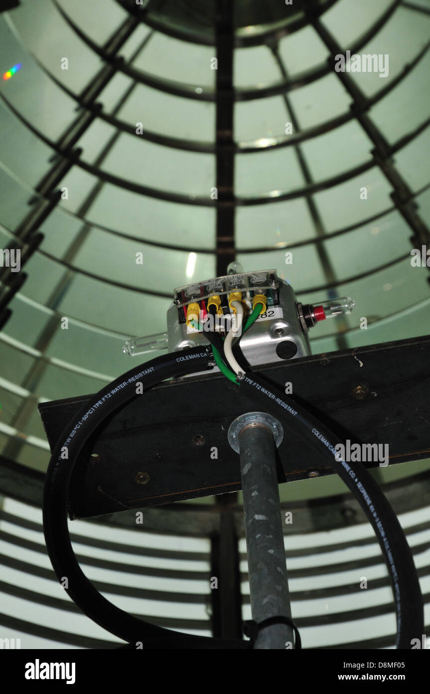 Modulo lampada e lente di Fresnel assemblaggio di Cana Island Lighthouse Foto Stock
