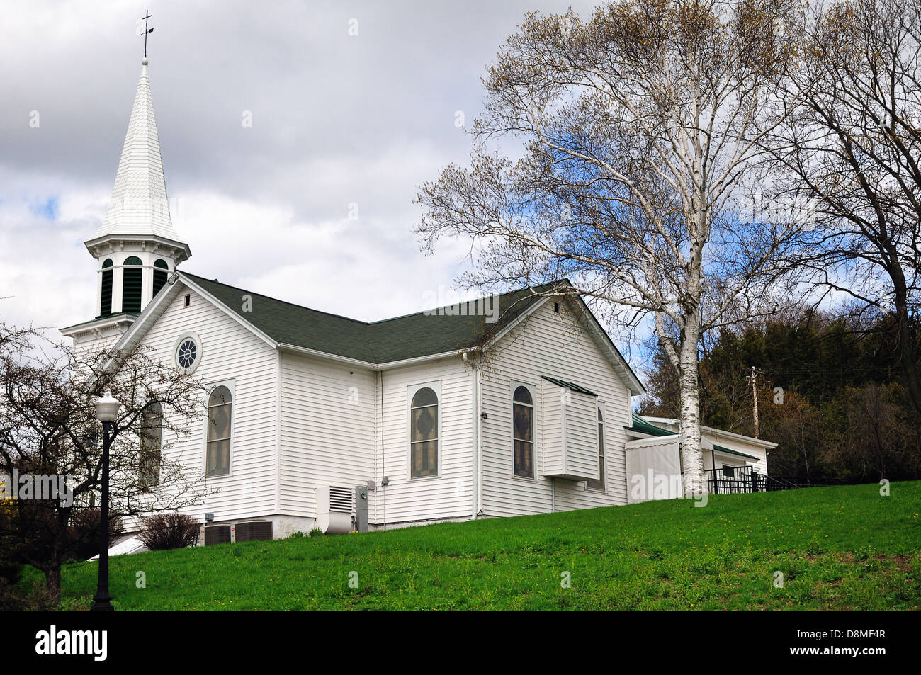 Chiesa di Moravian, completato nel 1859, è un punto di riferimento di Efraim, Door County, Wisconsin Foto Stock