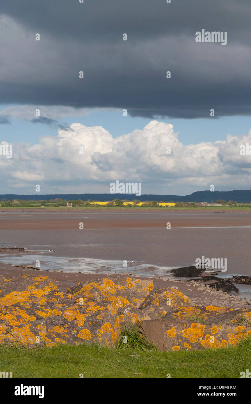 Fiume Severn, le misure di difesa contro le inondazioni, rocce e massi sparsi,banca d'erba, fango, lichen, skyscape, cielo blu, bianco e grigio nuvole Foto Stock