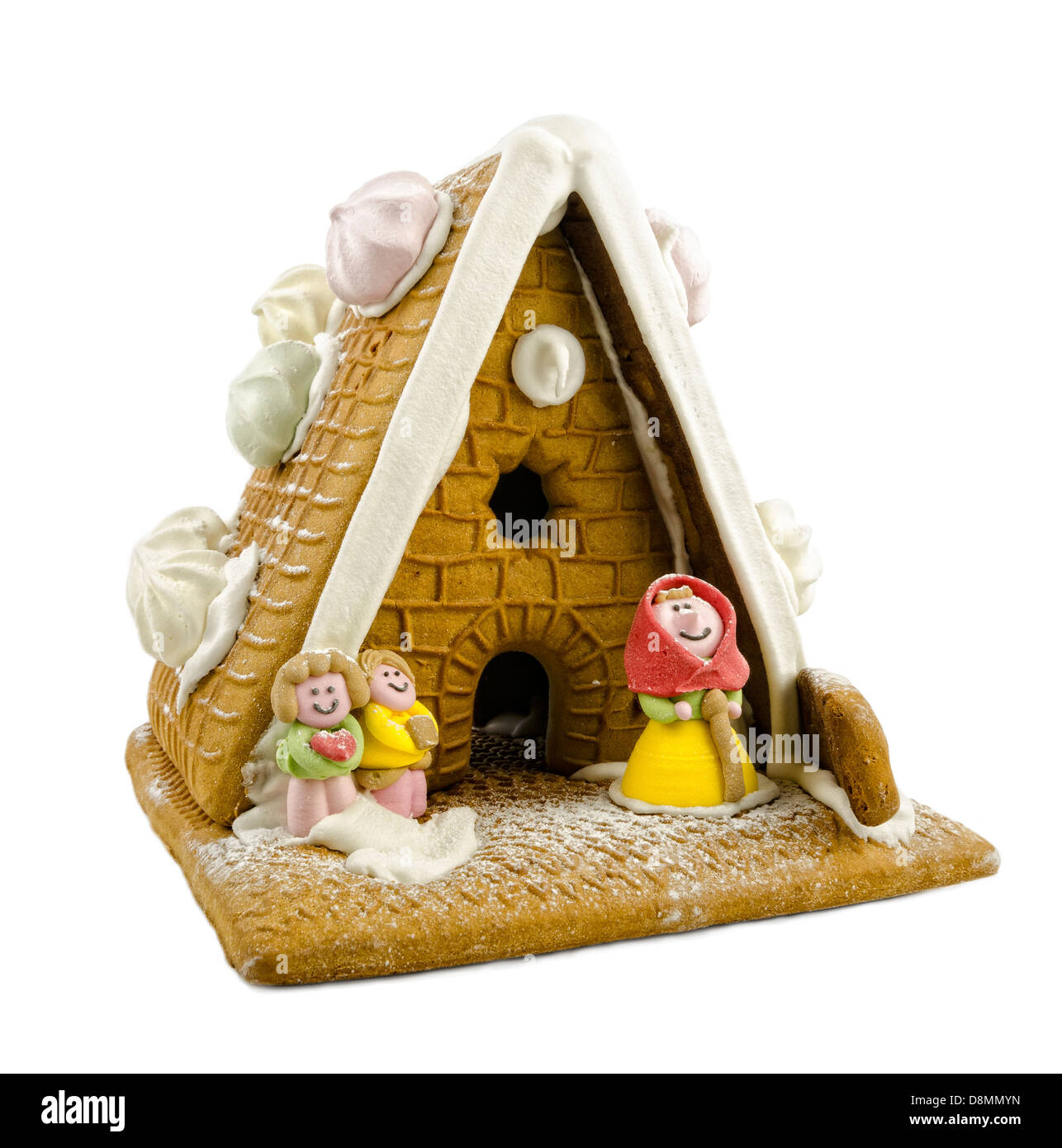 Gingerbread house con poca gente su sfondo bianco Foto Stock