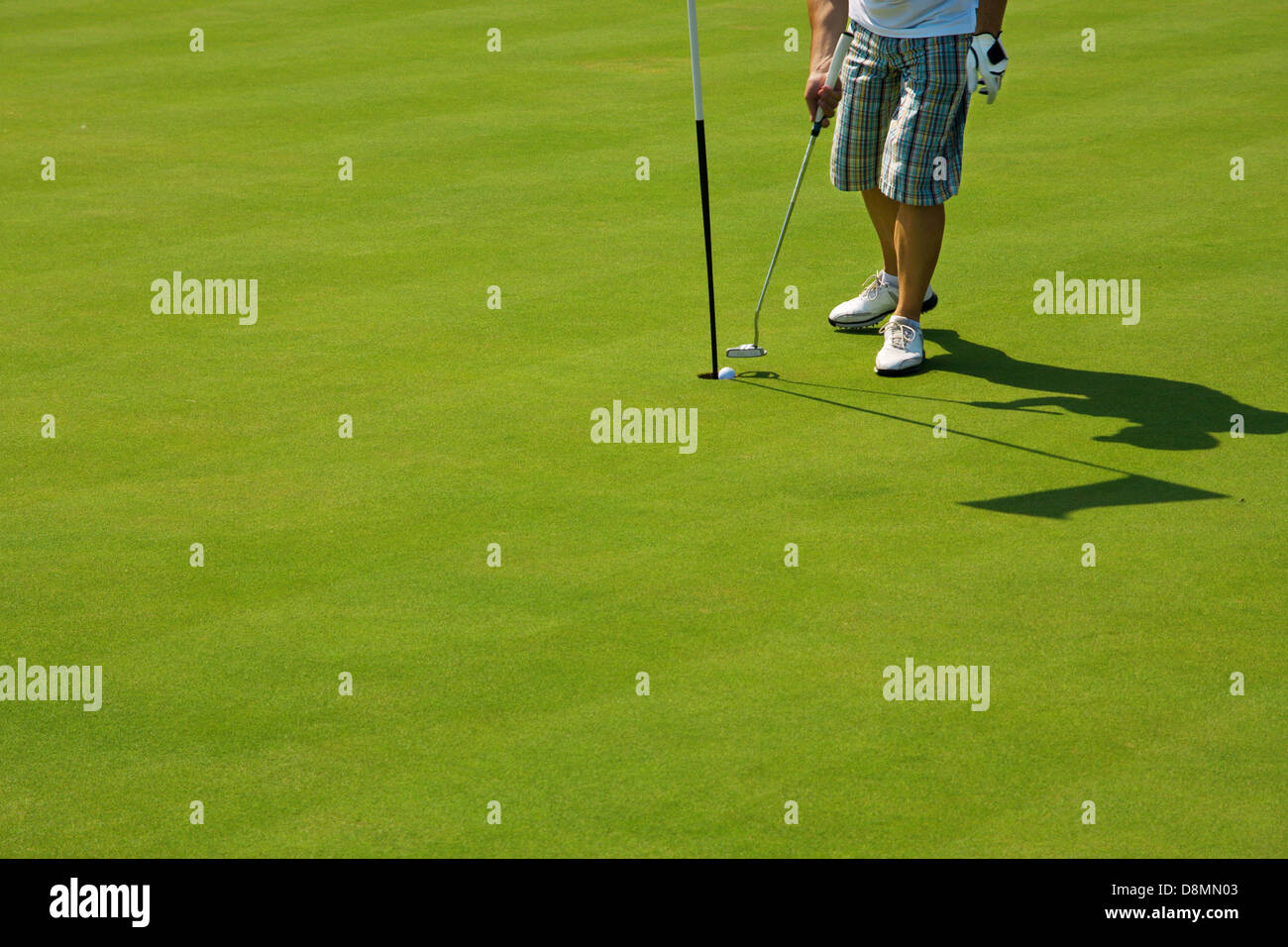 Giocatore di golf su un corso di verde e foro Foto Stock