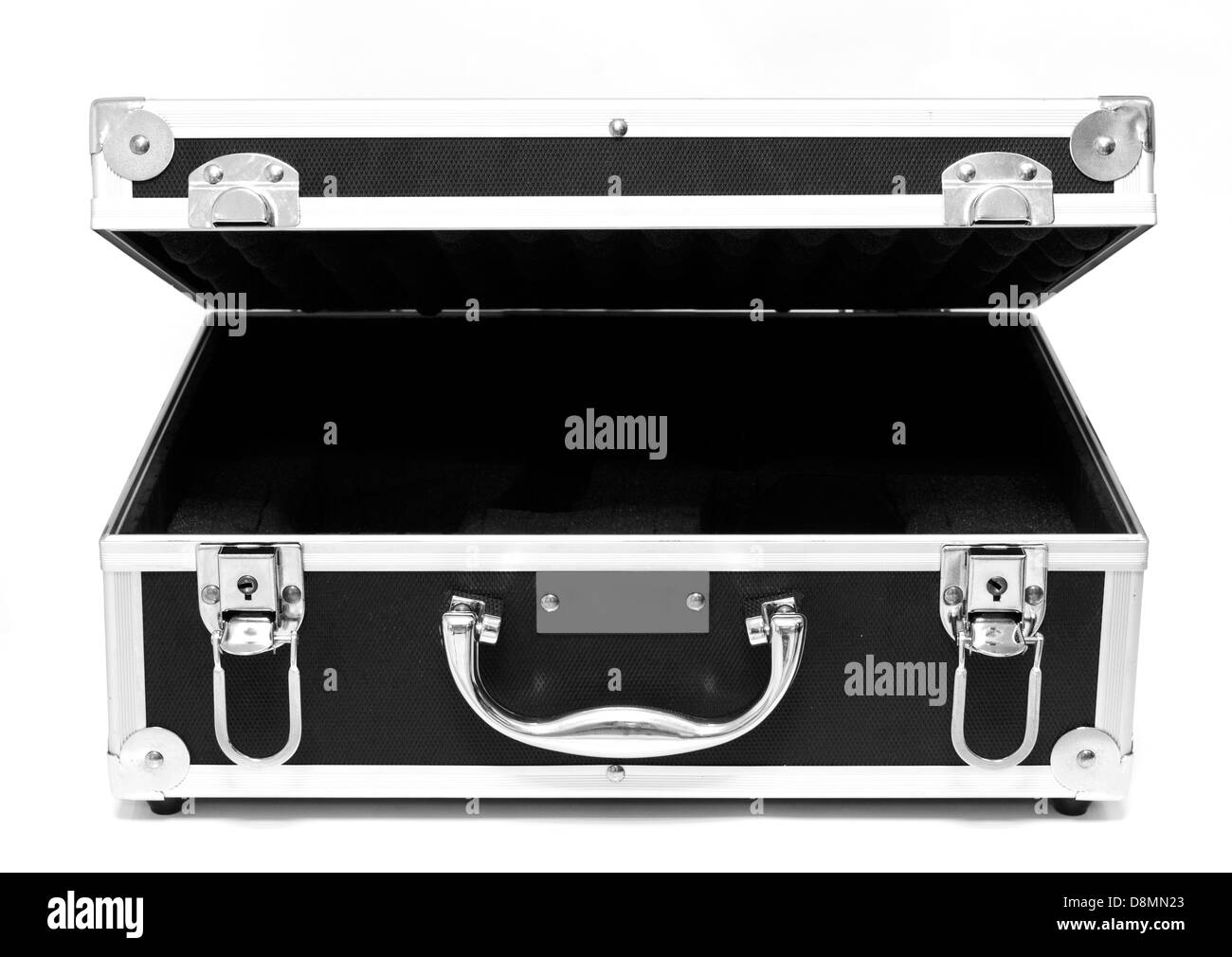 Aprire la valigia nera isolato su bianco Foto Stock