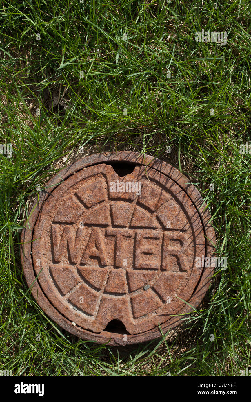 Una piccola utility acqua ghisa coperchio è impostato nel prato. Foto Stock