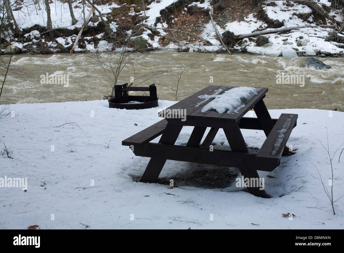Inverno thaw a una banchina area picnic in western Massachusetts, off Route 2, il Mohawk Trail nel Charlemont. Foto Stock
