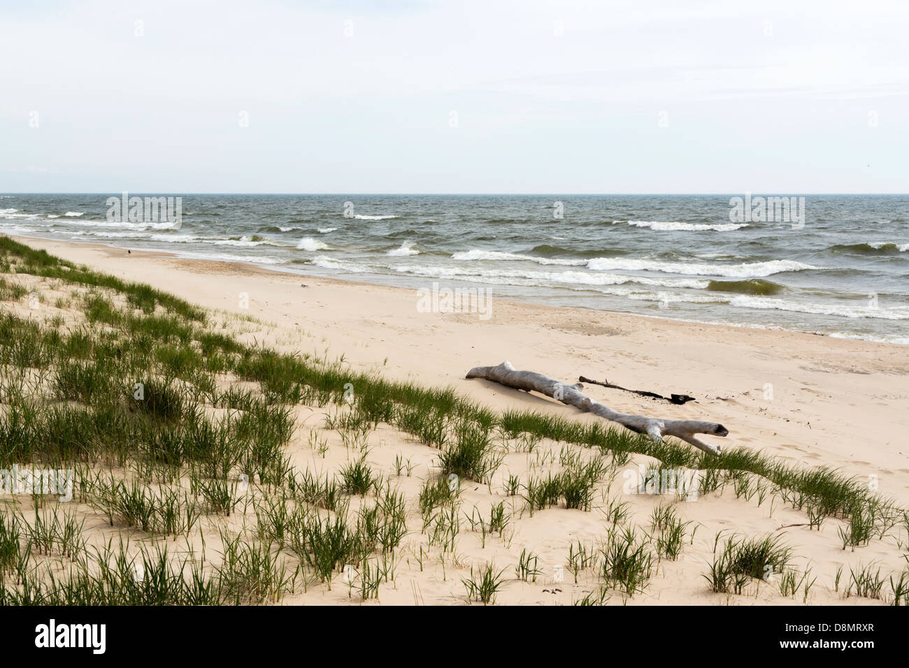 La laminazione delle onde sulla spiaggia al lago Michigan vicino a Whitehall, MI. Foto Stock