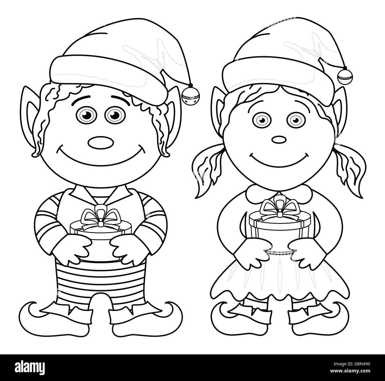 Gli elfi di Natale, un ragazzo e una ragazza, contorno Foto Stock
