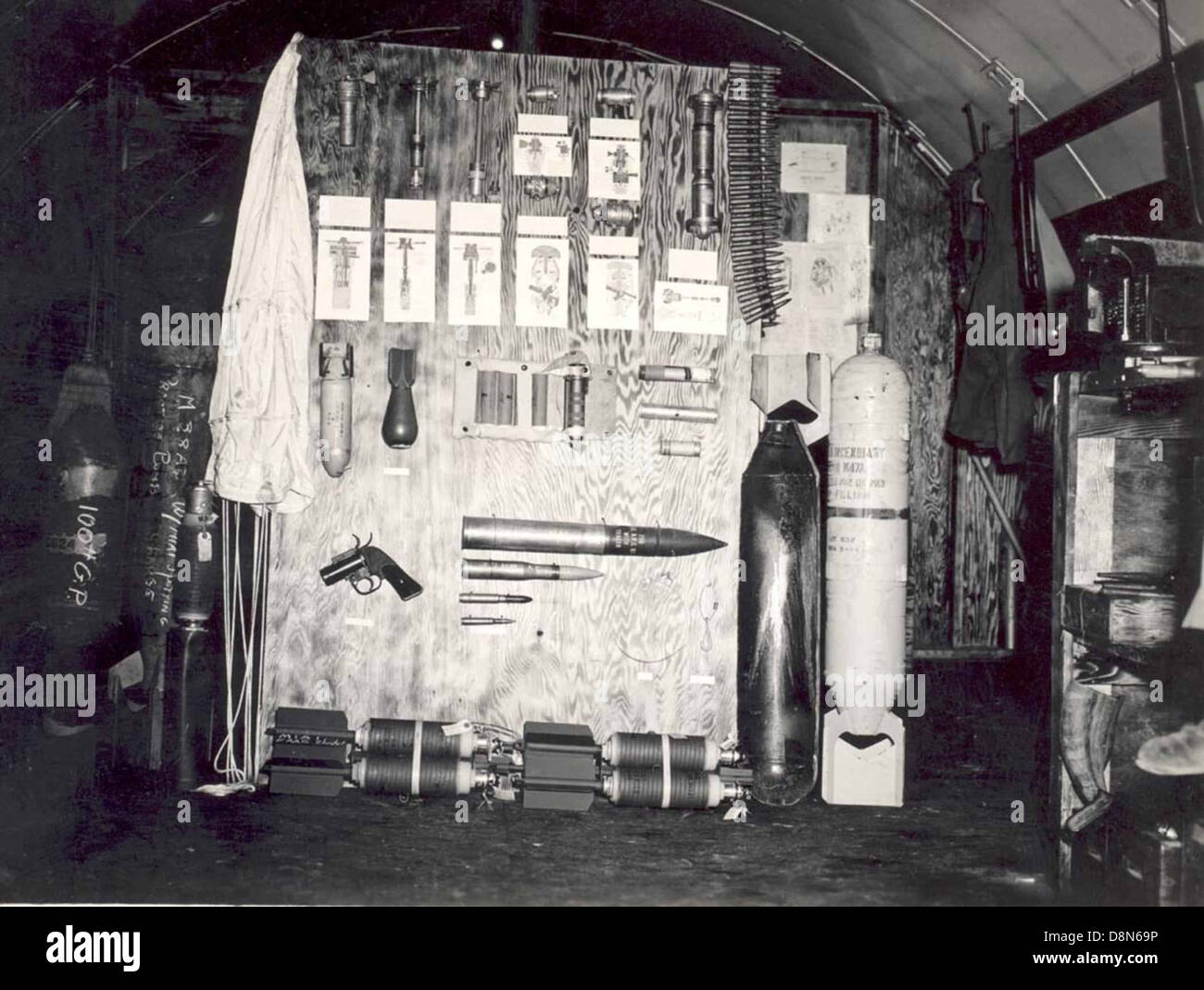 Un'immagine di vari tipi di munizioni, solitamente esposta per scopi educativi, militari o collezionisti, evidenziando diversi calibri e tipi. Foto Stock