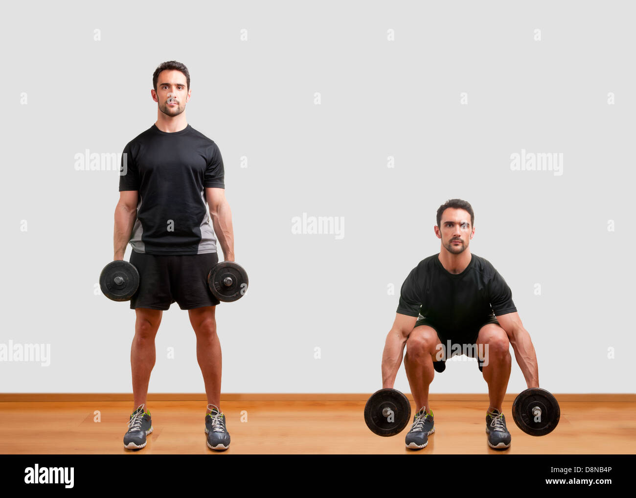 Personal Trainer facendo squat con manubri per la formazione le sue gambe  Foto stock - Alamy