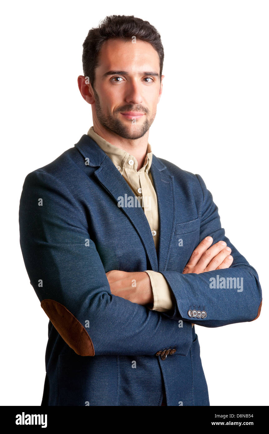 Business Casual Uomo con le braccia incrociate in uno sfondo bianco Foto Stock