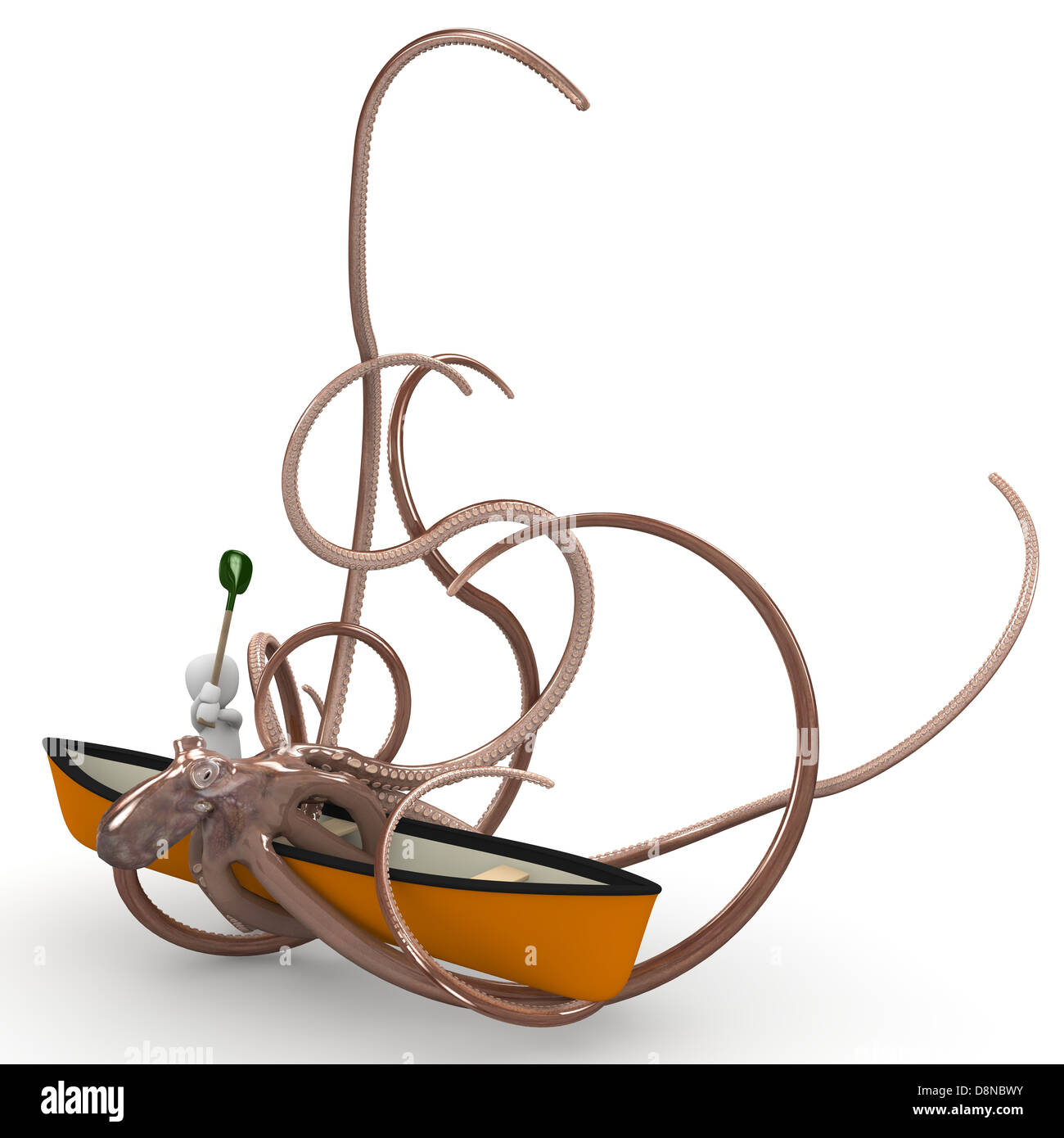 Una barca arancione abbiamo attaccato da un grosso polpo. Foto Stock