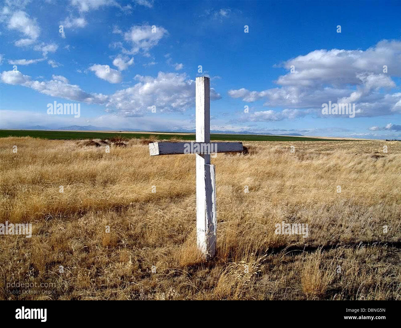 Una croce bianca posta su una tomba del cimitero, simboleggia il ricordo e il rispetto per il defunto. La croce è una caratteristica comune nei cimiteri cristiani e offre un'immagine solenne e pacifica di riverenza in un luogo di riposo. Foto Stock