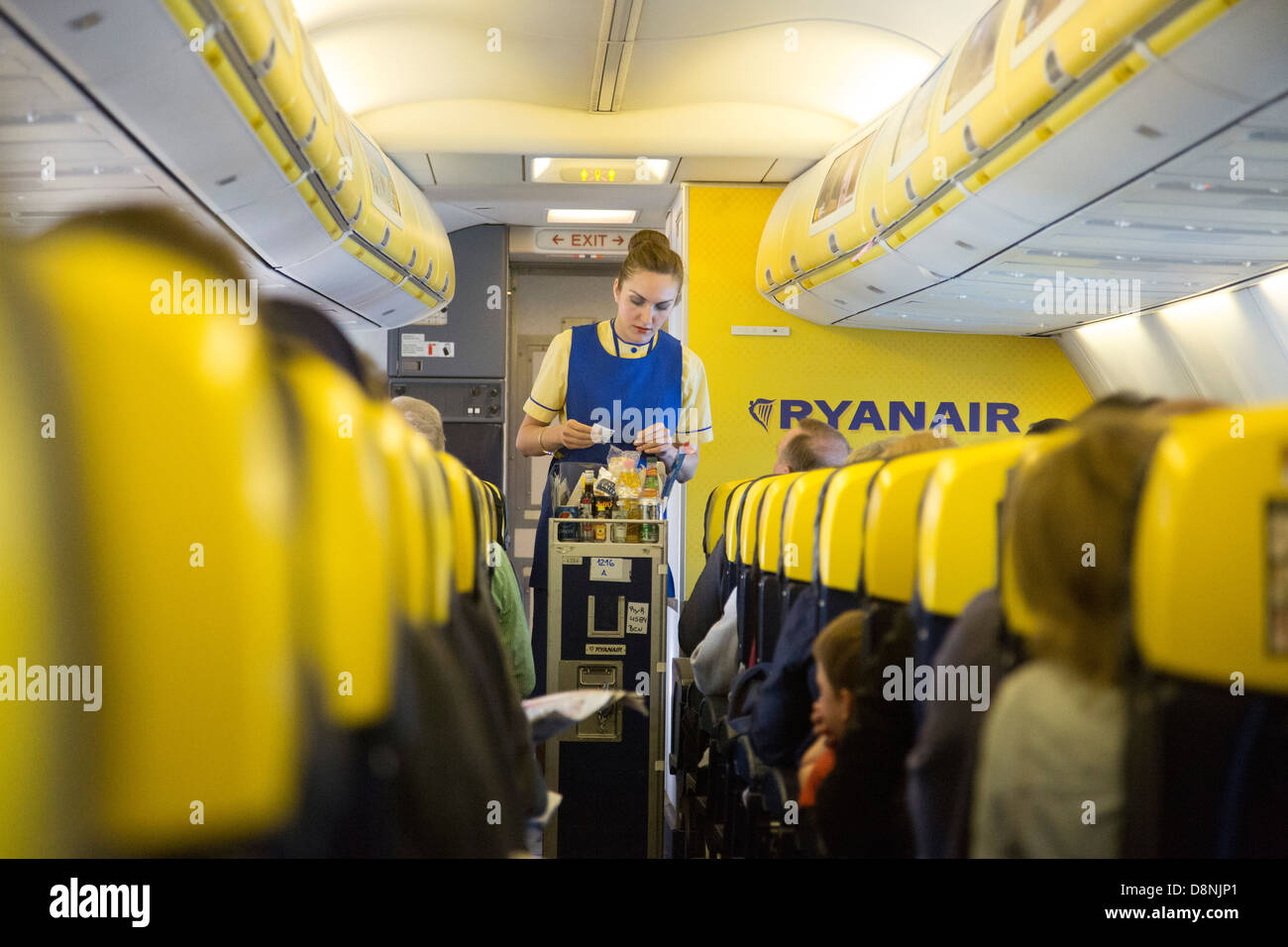 Equipaggio di cabina in servizio su volo Ryanair Foto Stock