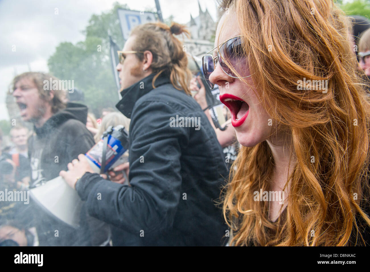 Londra, Regno Unito. Il 1 giugno, 2013. I diritti degli animali i manifestanti contro il badger cull, che inizierà domani, sono guidati da Brian May e Bill Oddie per un rally e marzo passato DEFRA per le Case del Parlamento. Credito: Guy Bell/Alamy Live News Foto Stock