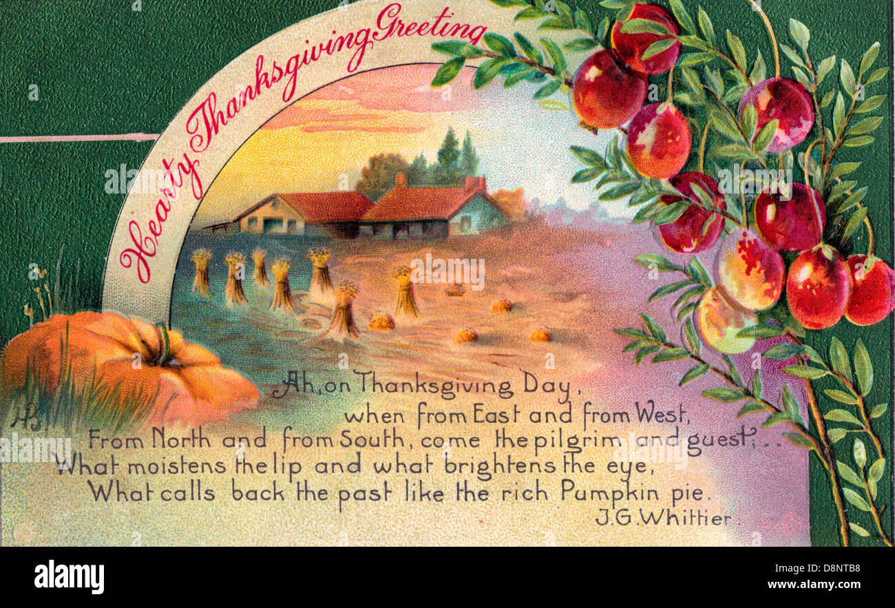 Ricca di ringraziamento saluto - Vintage Card con la poesia e la scena di autunno Foto Stock