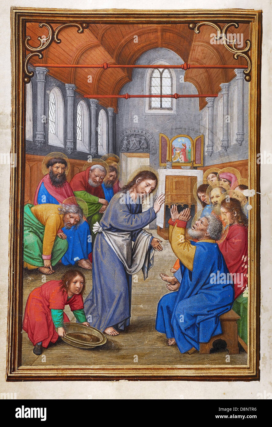 Simon Bening, Cristo lavando i piedi degli apostoli 1525-1530 Olio su tela. Tempere, vernice dorata e foglia oro su pergamena. Foto Stock