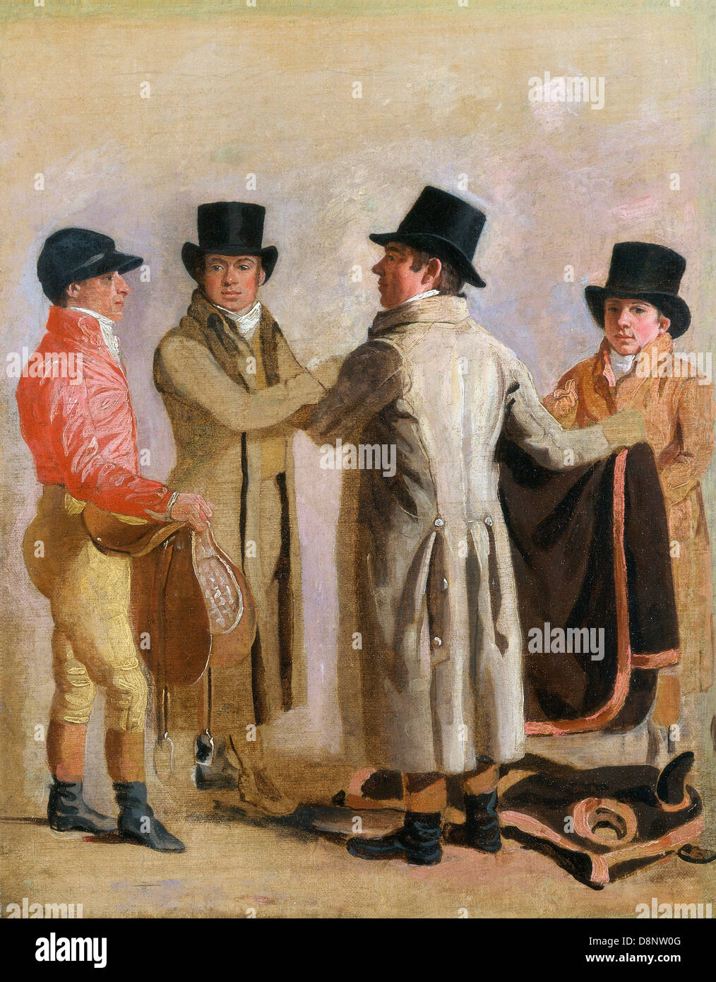 Benjamin Marshall, il Jockey Frank fibbia, il Owner-Breeder John Wastell, suo Trainer Robert Robson, e una stabile-lad 1802 Foto Stock