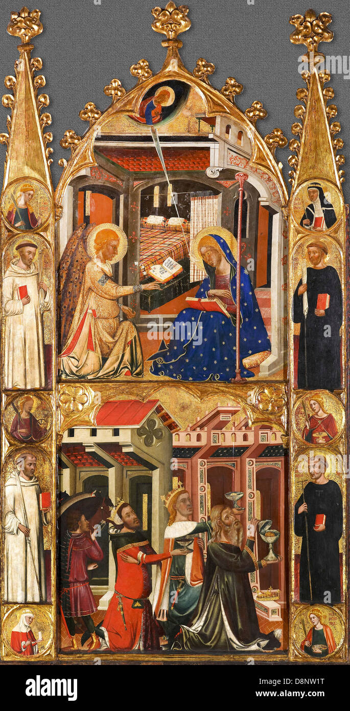 Cerchio di Ferrer e Arnau Bassa, Annunciazione e dei tre re dell'Epifania 1347-1360 Olio su tela. Foto Stock