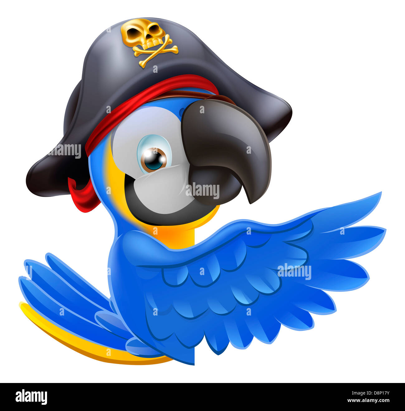 Una illustrazione di un pirata pappagallo mascotte rotondo pendente un segno bordo e dispositivo di puntamento con la sua ala o mostrando qualcosa di Foto Stock