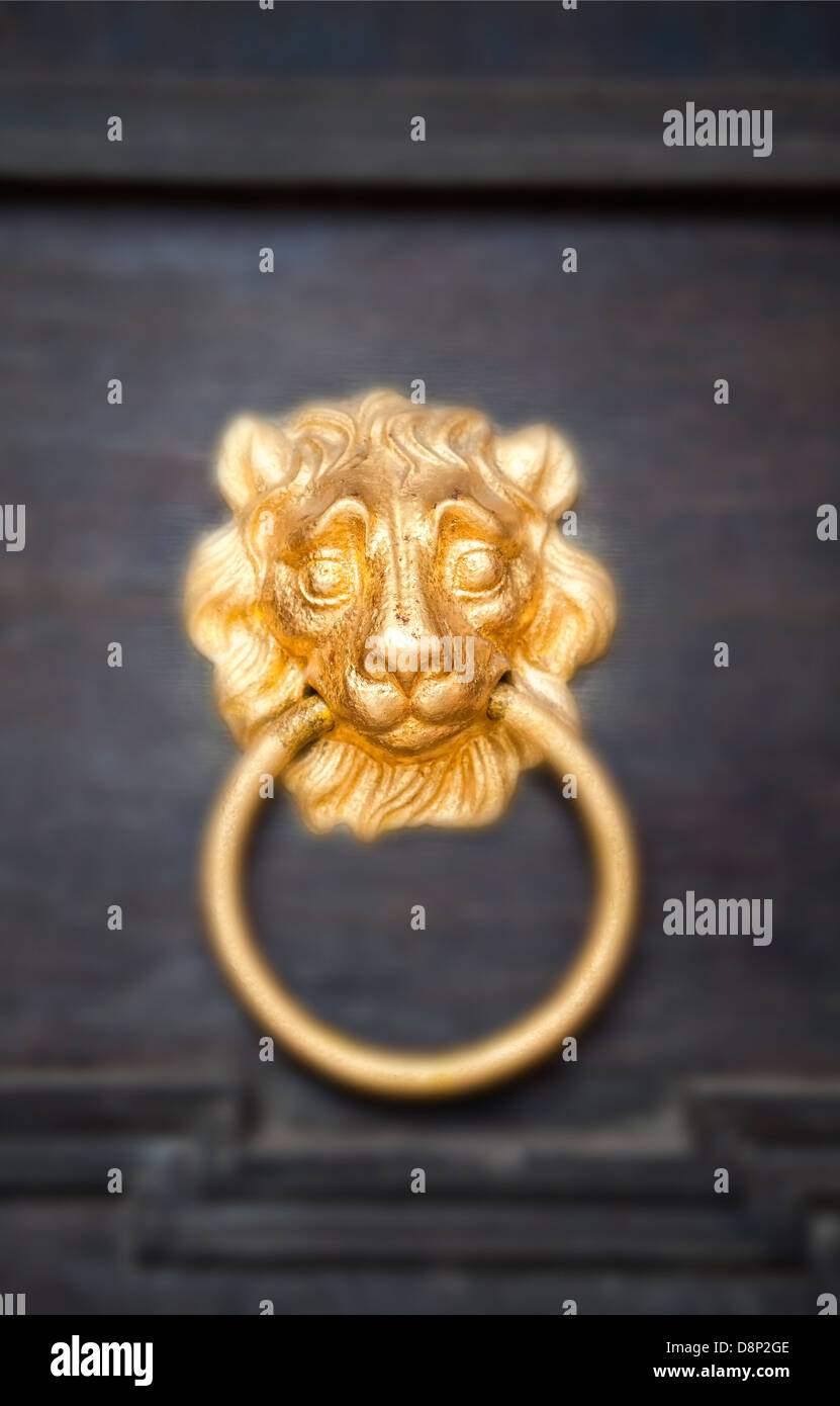 Nassau lion come door knocker, Schloss Weilburg Castello, Weilburg an der Lahn, Hesse, Germania, Europa Foto Stock