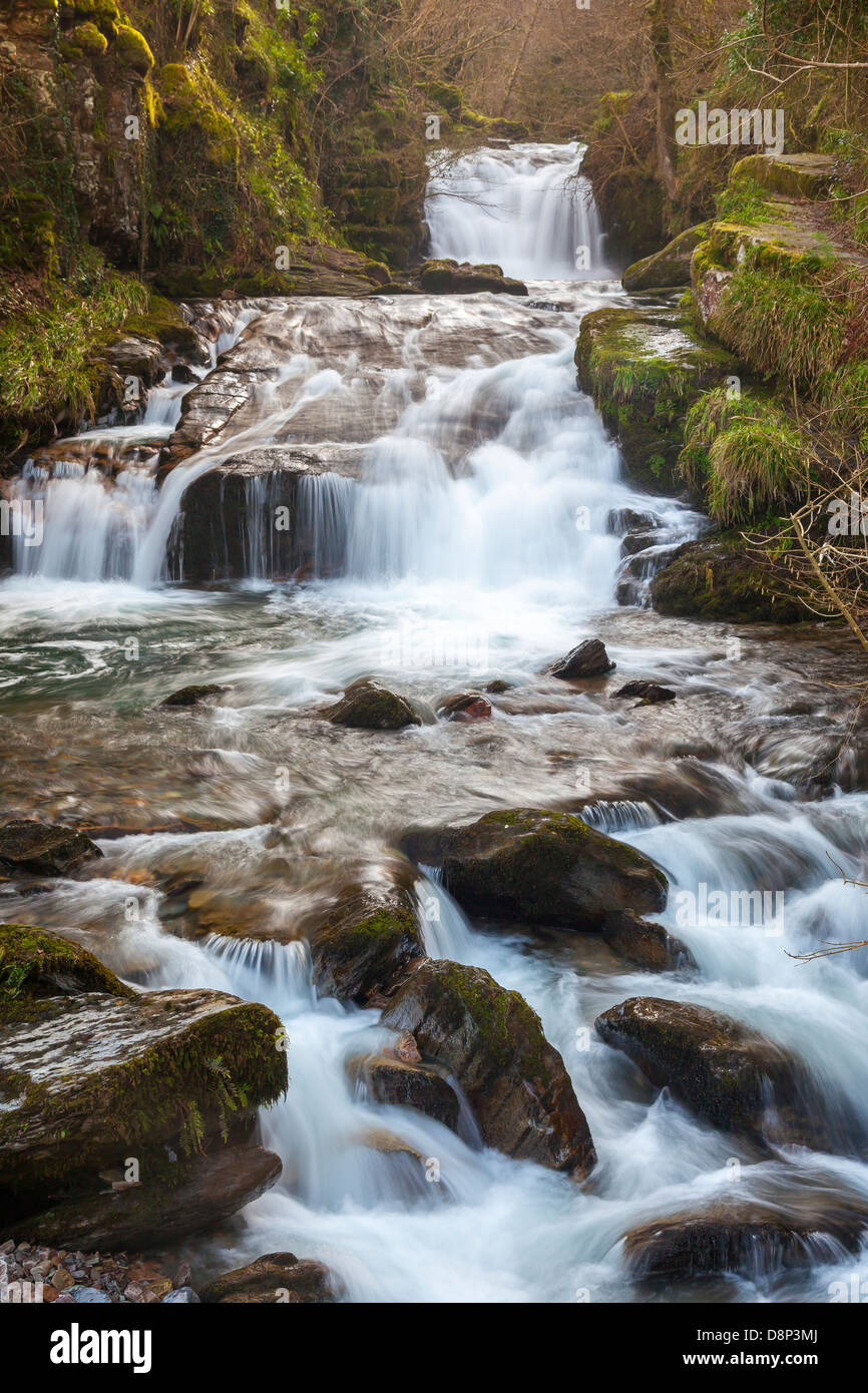 Watersmeet Falls, dove l'Oriente Lyn Fiume e trasformata per forte gradiente Oak acqua convergono, Devon England Regno Unito Foto Stock
