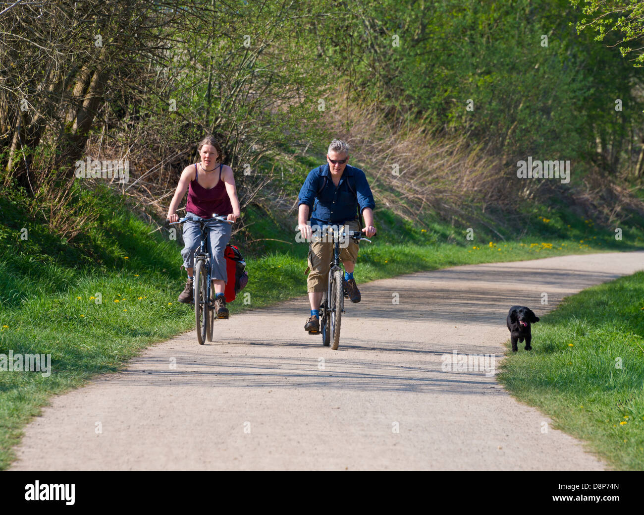 I ciclisti con il cane, Monsal Trail, Derbyshire Foto Stock