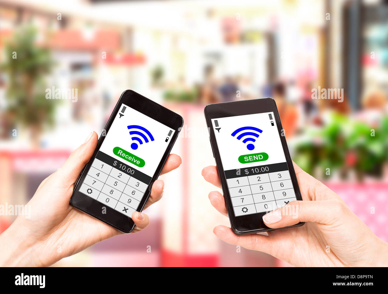 Due telefoni cellulari con tecnologia NFC tecnologia dei pagamenti. Near Field Communication Foto Stock