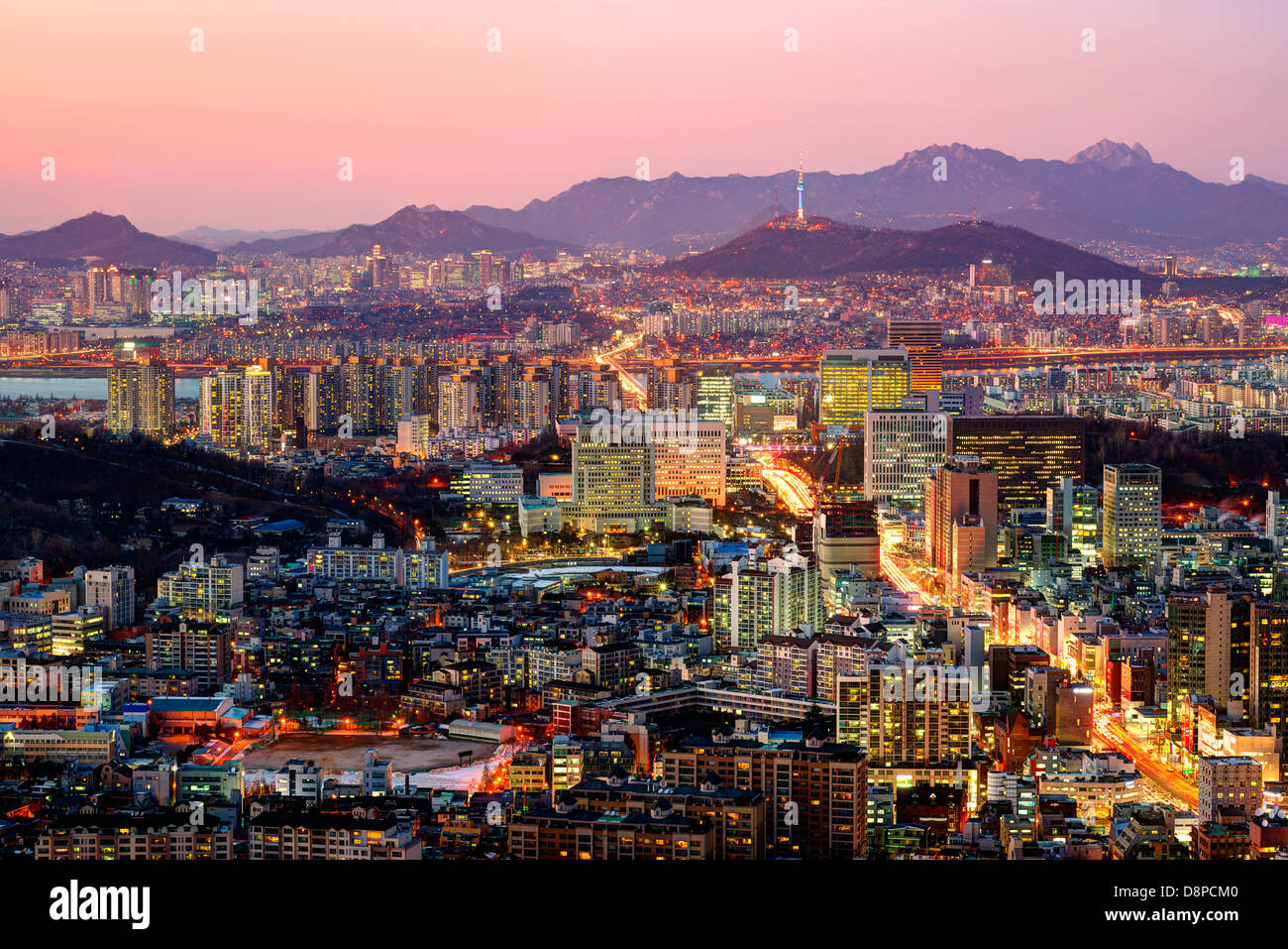 Antenna vista crepuscolo di Seoul, Corea del Sud. Foto Stock