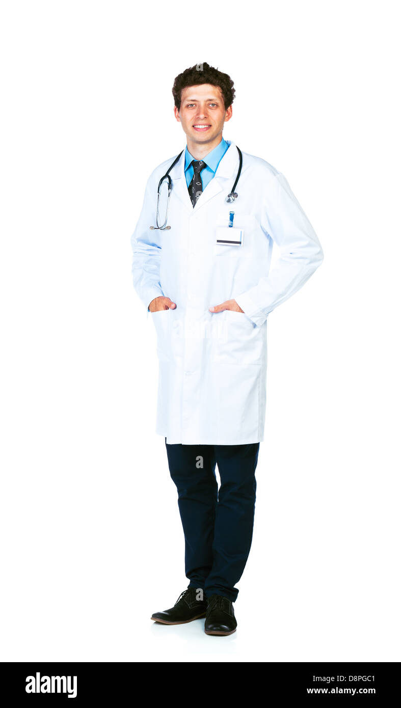 A piena lunghezza ritratto del medico in piedi su sfondo bianco Foto Stock