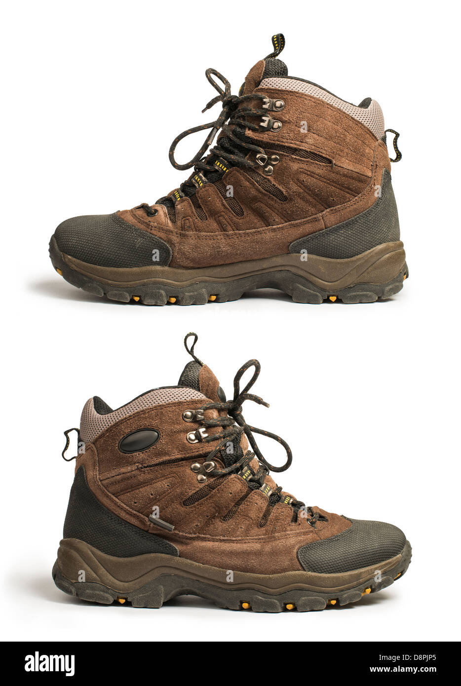 Alta scarpe da escursionismo isolato bianco studio shot. Foto Stock